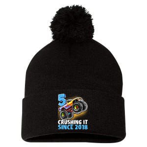 5 Crushing It Since 2018 Monster Truck 5th Birthday Boy Pom Pom 12in Knit Beanie