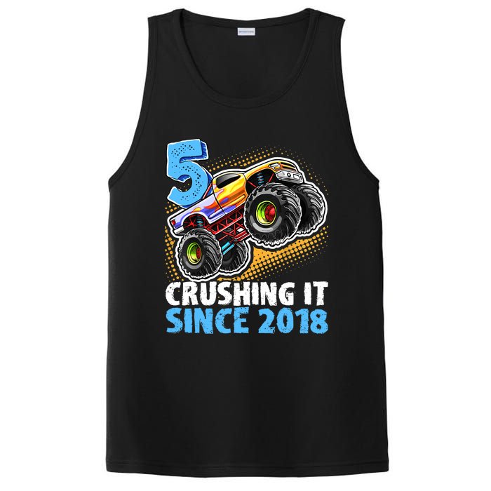 5 Crushing It Since 2018 Monster Truck 5th Birthday Boy PosiCharge Competitor Tank