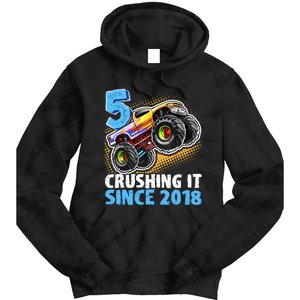 5 Crushing It Since 2018 Monster Truck 5th Birthday Boy Tie Dye Hoodie