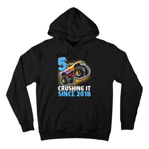 5 Crushing It Since 2018 Monster Truck 5th Birthday Boy Tall Hoodie