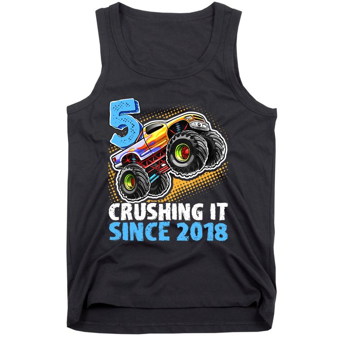 5 Crushing It Since 2018 Monster Truck 5th Birthday Boy Tank Top