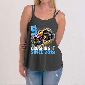 5 Crushing It Since 2018 Monster Truck 5th Birthday Boy Women's Strappy Tank