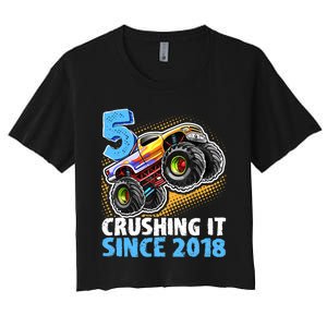 5 Crushing It Since 2018 Monster Truck 5th Birthday Boy Women's Crop Top Tee