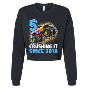 5 Crushing It Since 2018 Monster Truck 5th Birthday Boy Cropped Pullover Crew