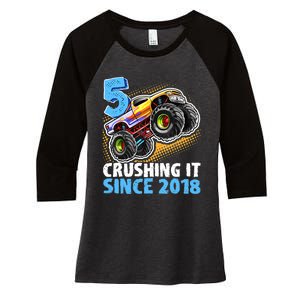 5 Crushing It Since 2018 Monster Truck 5th Birthday Boy Women's Tri-Blend 3/4-Sleeve Raglan Shirt