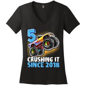 5 Crushing It Since 2018 Monster Truck 5th Birthday Boy Women's V-Neck T-Shirt