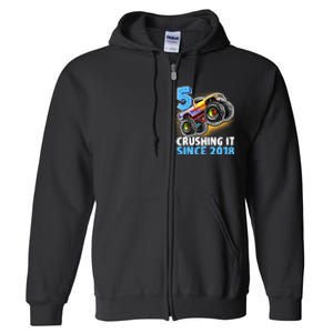 5 Crushing It Since 2018 Monster Truck 5th Birthday Boy Full Zip Hoodie