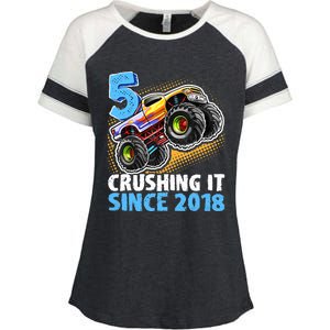 5 Crushing It Since 2018 Monster Truck 5th Birthday Boy Enza Ladies Jersey Colorblock Tee