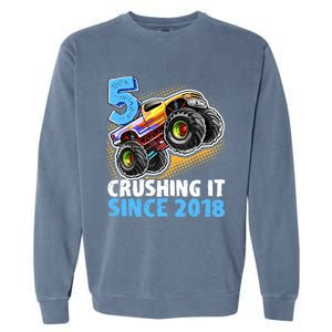 5 Crushing It Since 2018 Monster Truck 5th Birthday Boy Garment-Dyed Sweatshirt