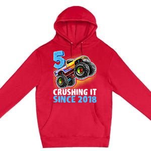 5 Crushing It Since 2018 Monster Truck 5th Birthday Boy Premium Pullover Hoodie