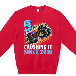 5 Crushing It Since 2018 Monster Truck 5th Birthday Boy Premium Crewneck Sweatshirt