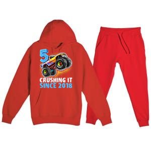 5 Crushing It Since 2018 Monster Truck 5th Birthday Boy Premium Hooded Sweatsuit Set