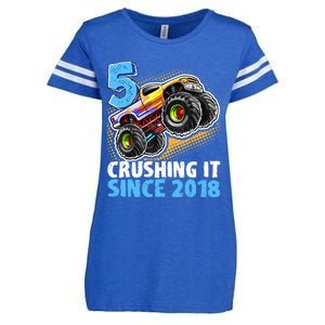 5 Crushing It Since 2018 Monster Truck 5th Birthday Boy Enza Ladies Jersey Football T-Shirt