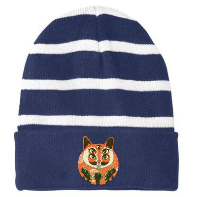 5 Eyed Alien Cat Striped Beanie with Solid Band