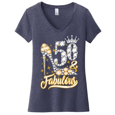 50 & Fabulous 50 Years Old 50th Birthday Diamond Crown Shoes Women's V-Neck T-Shirt