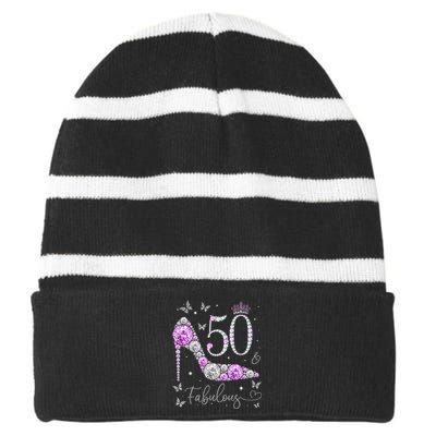 50 & Fabulous 50th Birthday 50 Years Old Ladies Striped Beanie with Solid Band