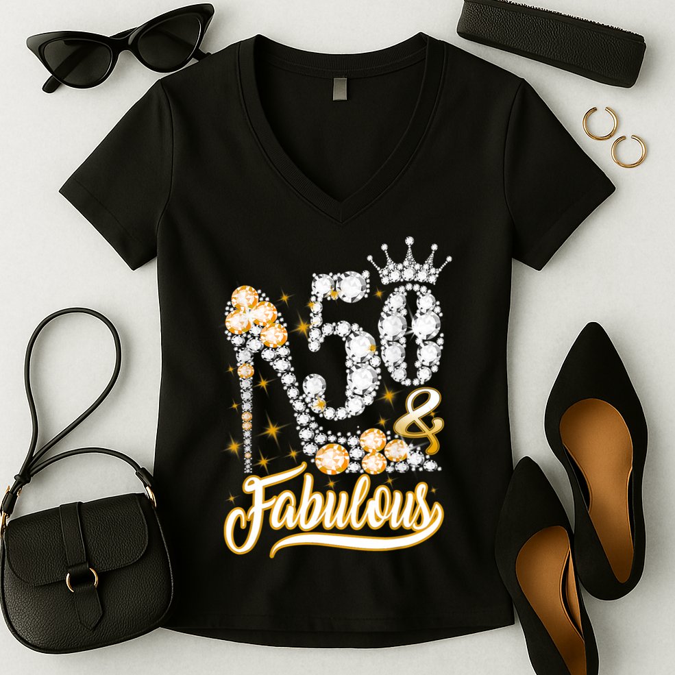 50 & Fabulous 50 Years Old 50th Birthday Diamond Crown Shoes Women's V-Neck T-Shirt