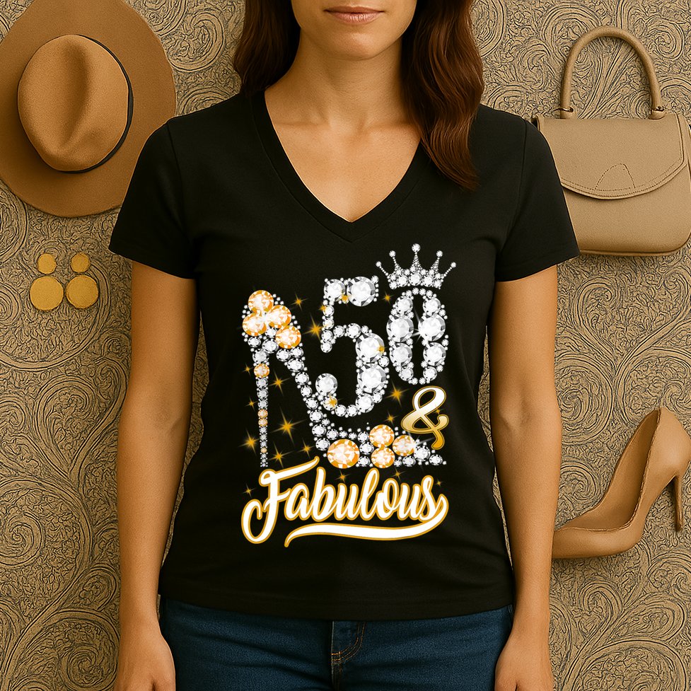 50 & Fabulous 50 Years Old 50th Birthday Diamond Crown Shoes Women's V-Neck T-Shirt