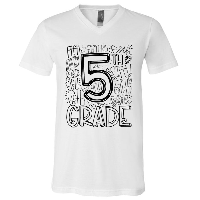 5th Fifth Grade Typography Team Teacher Back To School V-Neck T-Shirt