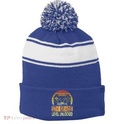 5th Grade Level Unlocked First Day Of School Video Gamer Stripe Pom Pom Beanie