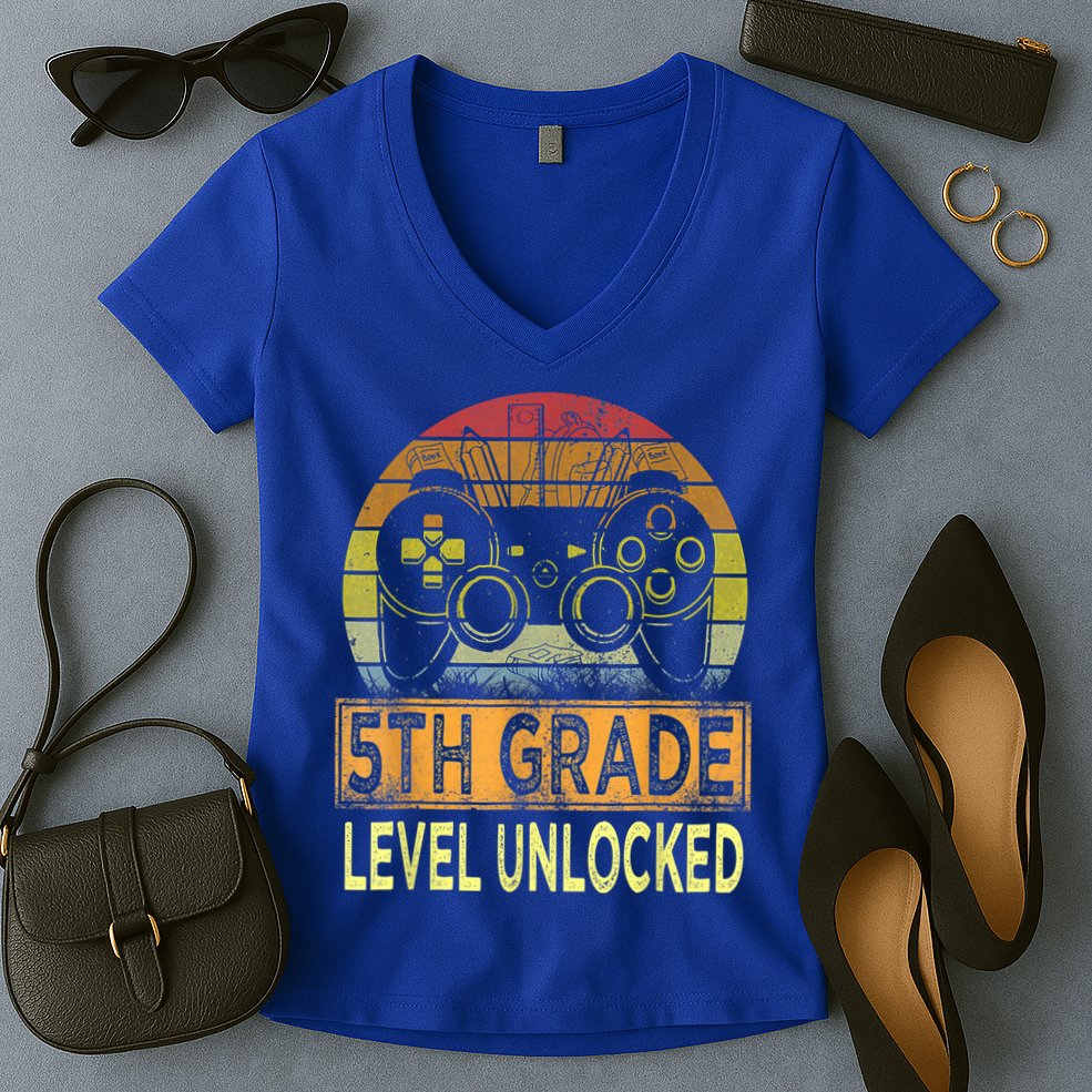5th Grade Level Unlocked First Day Of School Video Gamer Women's V-Neck T-Shirt