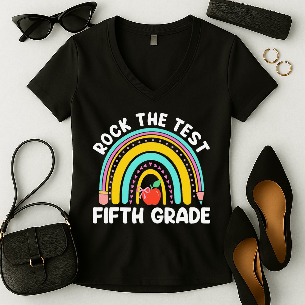 5th Grade Teacher Rock The Test Day Fifth Grade Testing Day Women's V-Neck T-Shirt