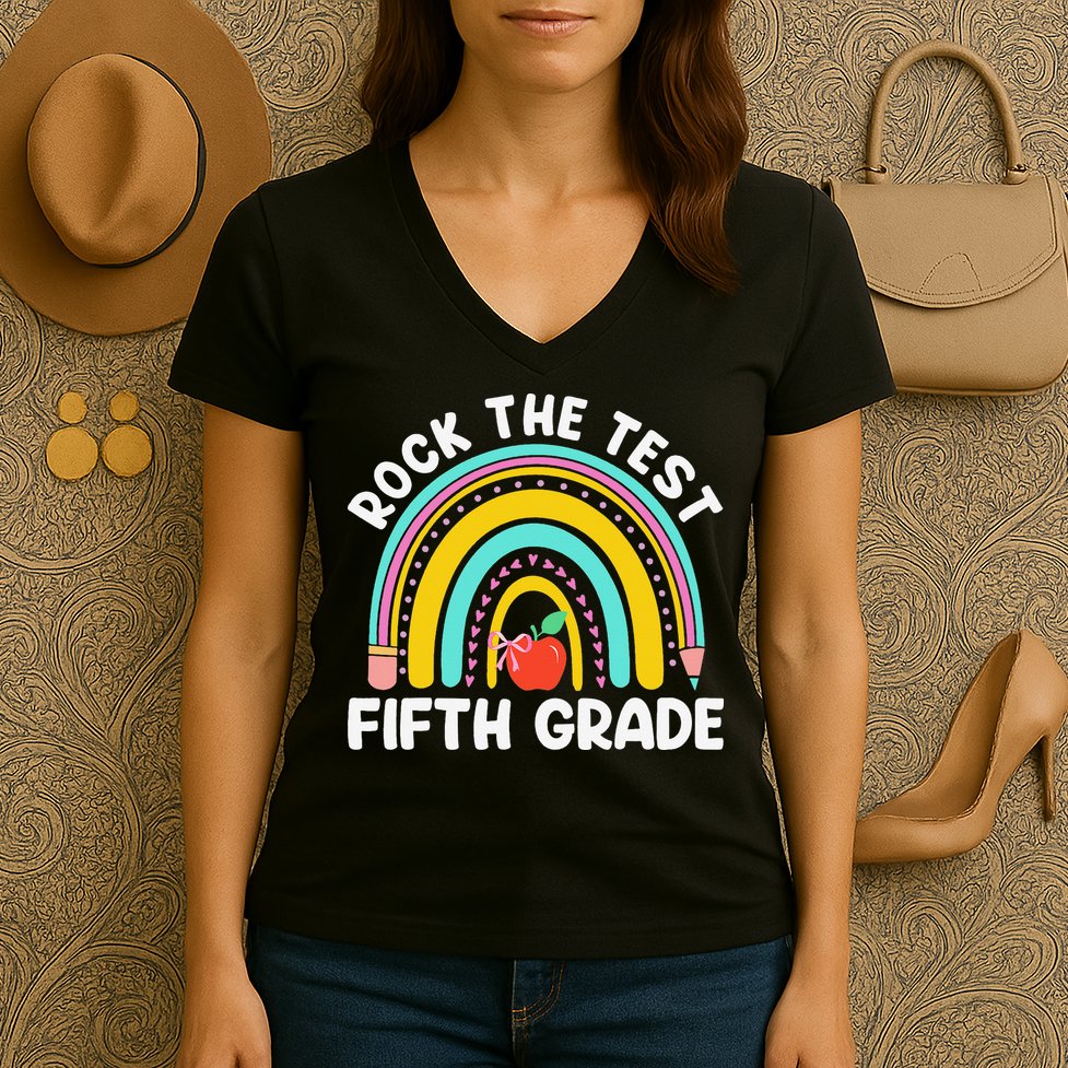 5th Grade Teacher Rock The Test Day Fifth Grade Testing Day Women's V-Neck T-Shirt