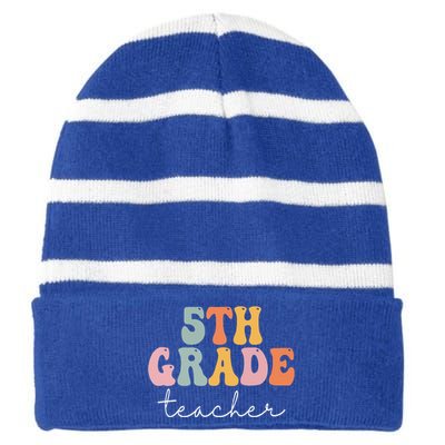 5th Grade Teacher Retro Groovy Vintage First Day Of School Striped Beanie with Solid Band