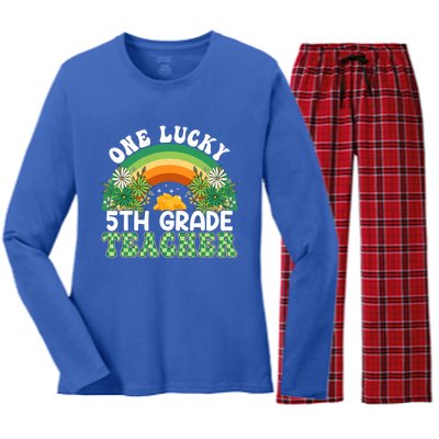 5th Grade Teacher Rainbow St Patricks Day One Lucky Teacher Gift Women's Long Sleeve Flannel Pajama Set 