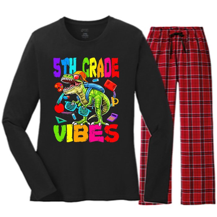 5th Grade Vibes Dinosaur Back To School Women's Long Sleeve Flannel Pajama Set 