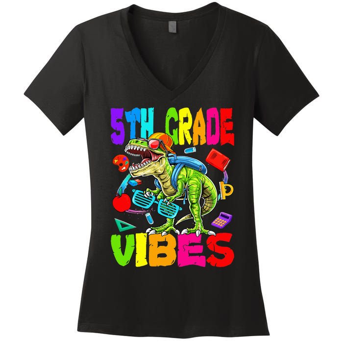 5th Grade Vibes Dinosaur Back To School Women's V-Neck T-Shirt