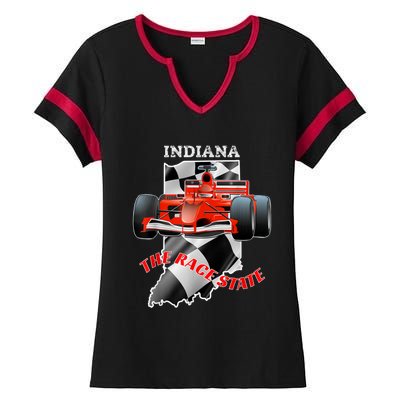 500 Indianapolis Indiana The Race State Checkered Flag Ladies Halftime Notch Neck Tee