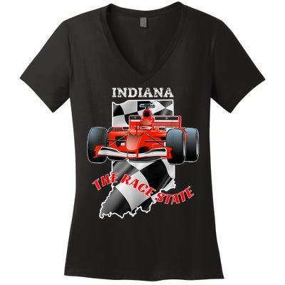500 Indianapolis Indiana The Race State Checkered Flag Women's V-Neck T-Shirt