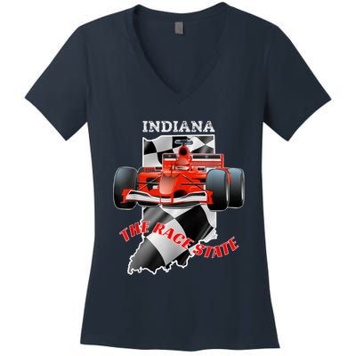 500 Indianapolis Indiana The Race State Checkered Flag Women's V-Neck T-Shirt