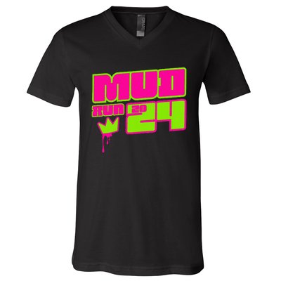 5k Mud Run 2024 Princess Muddy Pit Obstacles Mudding Team V-Neck T-Shirt