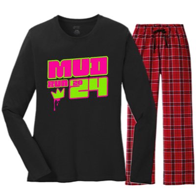 5k Mud Run 2024 Princess Muddy Pit Obstacles Mudding Team Women's Long Sleeve Flannel Pajama Set 