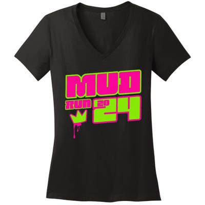 5k Mud Run 2024 Princess Muddy Pit Obstacles Mudding Team Women's V-Neck T-Shirt