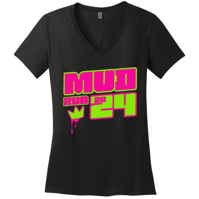 5k Mud Run 2024 Princess Muddy Pit Obstacles Mudding Team Women's V-Neck T-Shirt