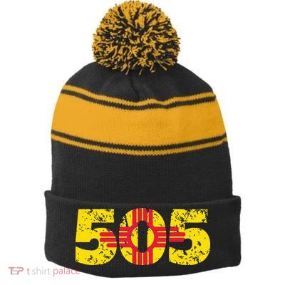 505 New Mexico Zia Vintage Distressed T Stripe Pom Pom Beanie