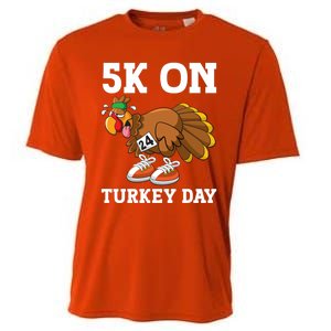 5k On Turkey Day Race Thanksgiving Turkey Trot Runners Funny Gift Cooling Performance Crew T-Shirt