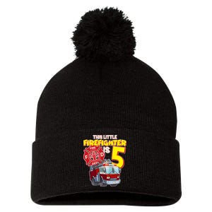 5th Birthday This Little Firefighter Is Five Pom Pom 12in Knit Beanie