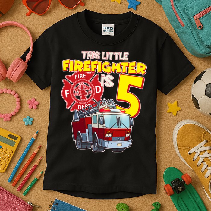 5th Birthday This Little Firefighter Is Five Kids T-Shirt