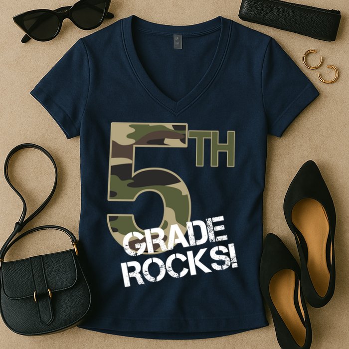 5th Grade Rocks Camo Women's V-Neck T-Shirt