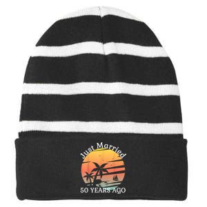 50th Wedding Anniversary Cruise Just Married 50 Years Striped Beanie with Solid Band