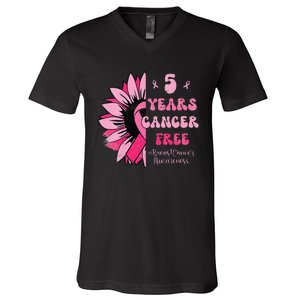 5 Year Cancer Free Breast Cancer Awareness Sunflower Women V-Neck T-Shirt