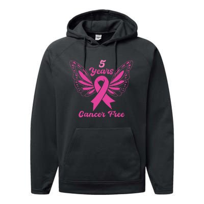 5 Year Cancer Free Breast Cancer Awareness Butterfly Women Performance Fleece Hoodie