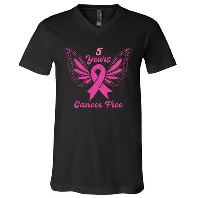 5 Year Cancer Free Breast Cancer Awareness Butterfly Women V-Neck T-Shirt