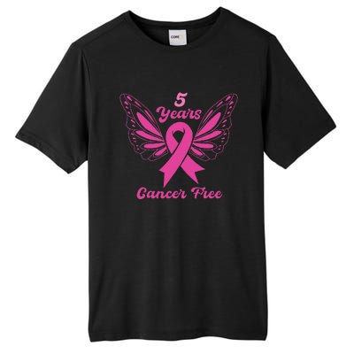 5 Year Cancer Free Breast Cancer Awareness Butterfly Women Tall Fusion ChromaSoft Performance T-Shirt