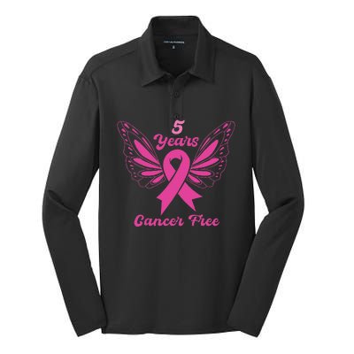 5 Year Cancer Free Breast Cancer Awareness Butterfly Women Silk Touch Performance Long Sleeve Polo