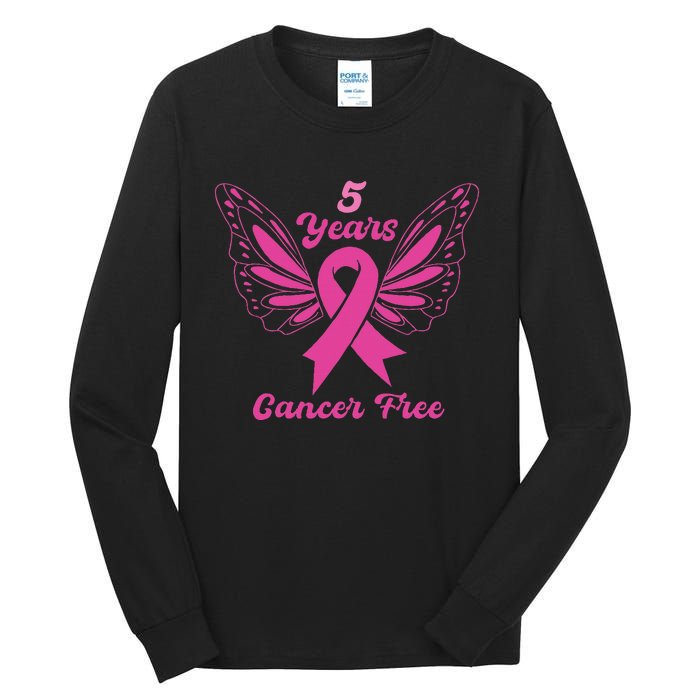 5 Year Cancer Free Breast Cancer Awareness Butterfly Women Tall Long Sleeve T-Shirt